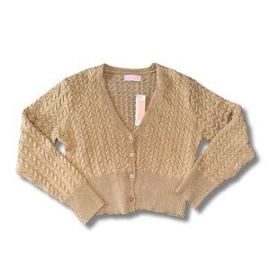 Tan Brown Cable Knit Short Cardigan Women's Sweater Small